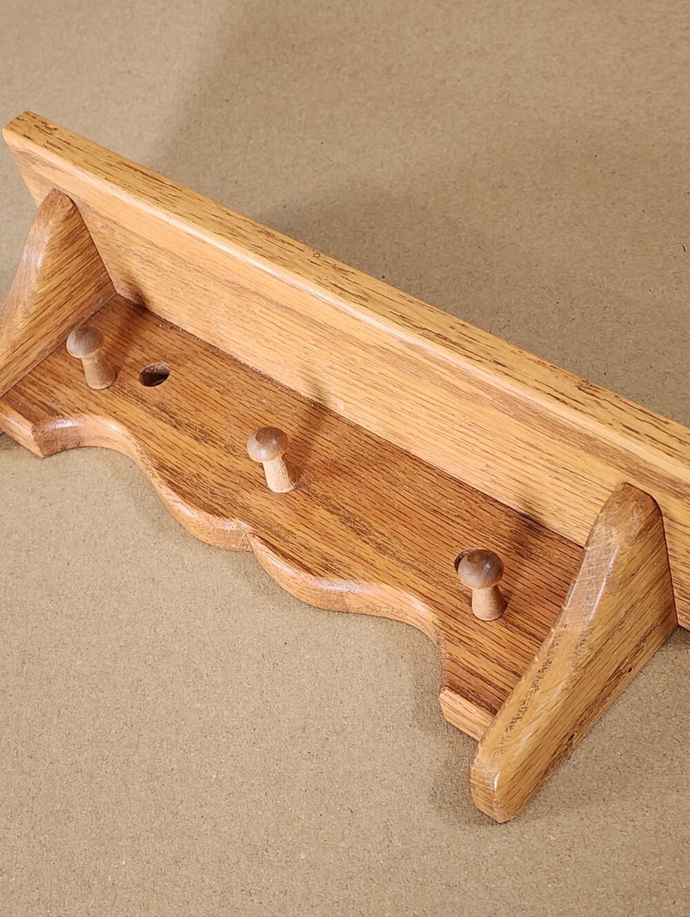 Vintage Oak Wooden Wall Shelf  Cottage Core Key Rack 3 Peg Knick Knack 10.5"